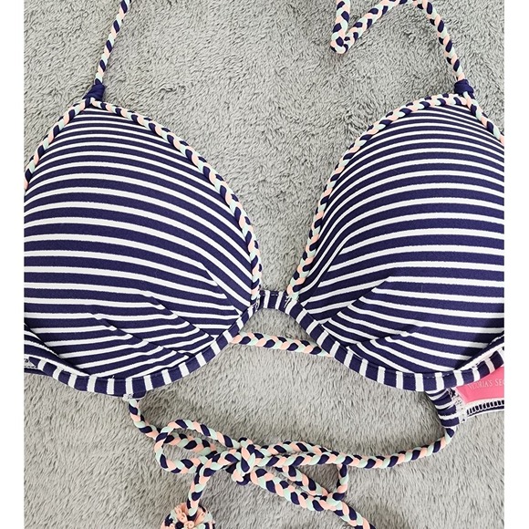 Victoria's Secret Bikini Top Womens 34B Blue White Pink The Fabulous Striped - Picture 2 of 8